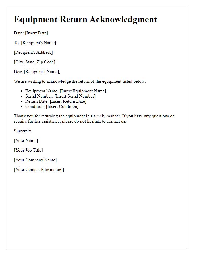 Letter template of equipment return acknowledgment.