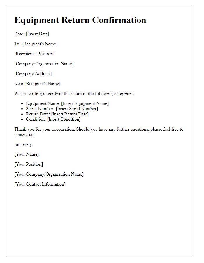 Letter template of equipment return confirmation.