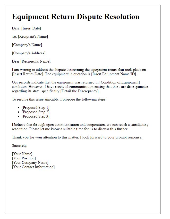 Letter template of equipment return dispute resolution.