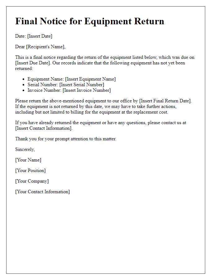 Letter template of equipment return final notice.