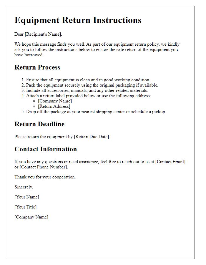 Letter template of equipment return instructions.