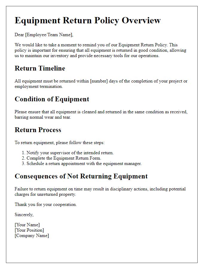 Letter template of equipment return policy overview.