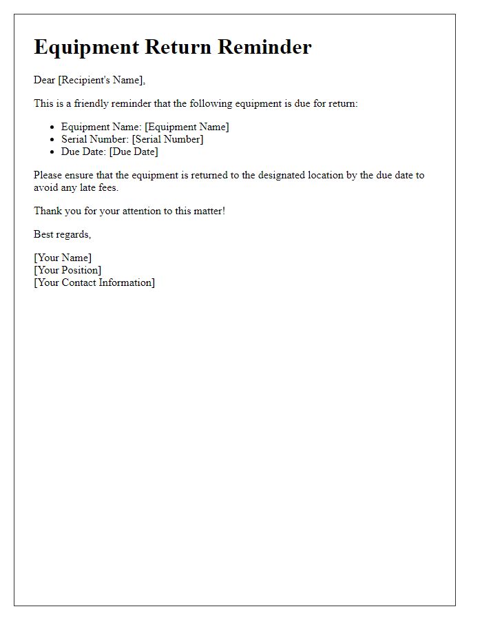 Letter template of equipment return reminder.