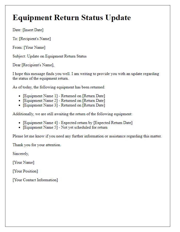 Letter template of equipment return status update.