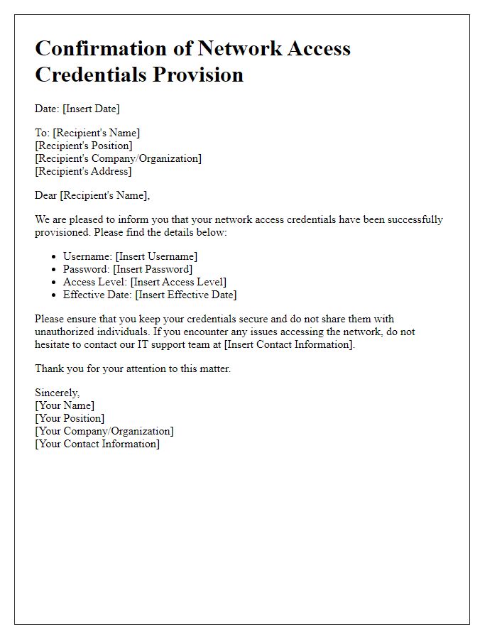 Letter template of confirmation of network access credentials provision