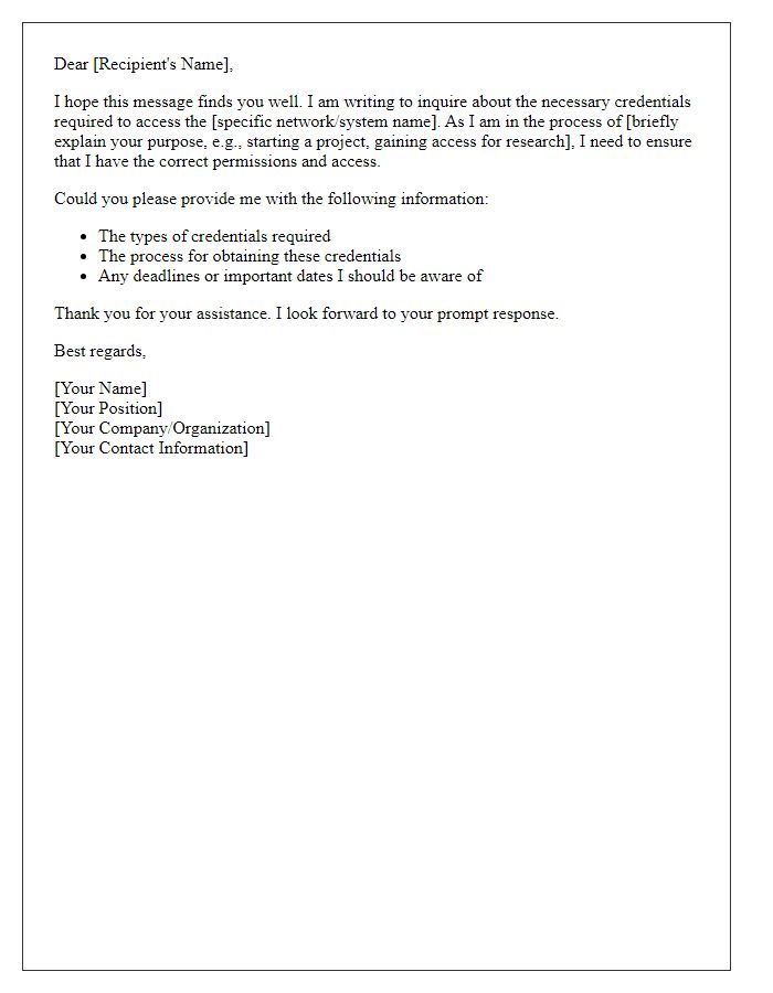 Letter template of inquiry regarding network access credentials