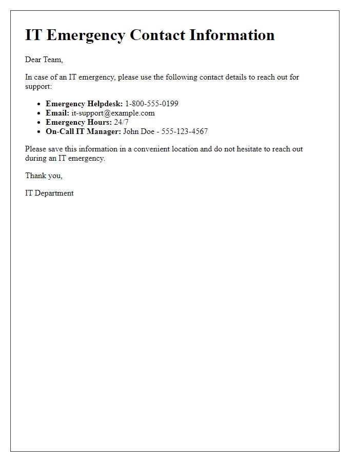 Letter template of IT emergency contact details for staff communication