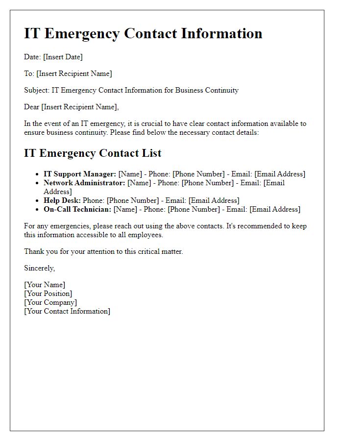 Letter template of IT emergency contact information for business continuity