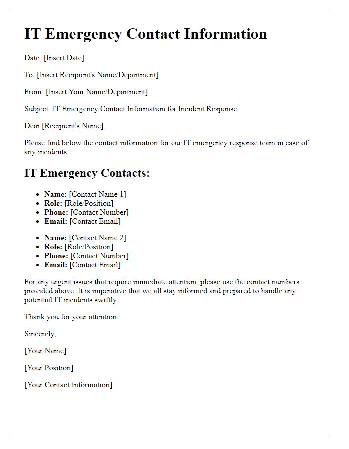 Letter template of IT emergency contact information for incident response