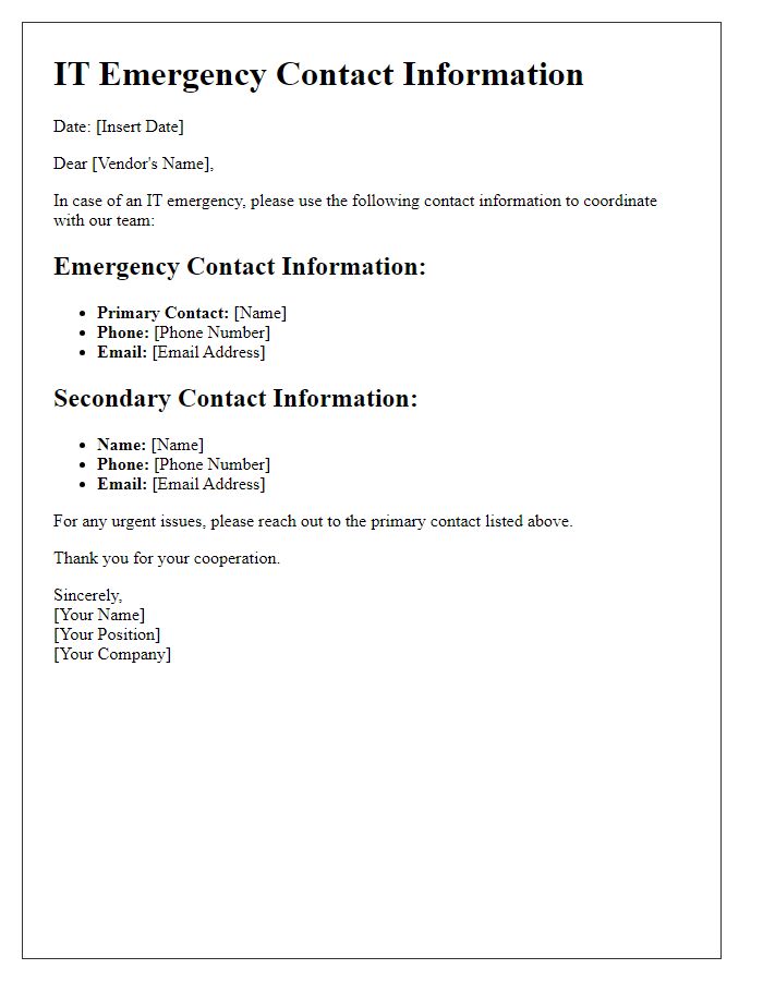 Letter template of IT emergency contact information for vendor coordination