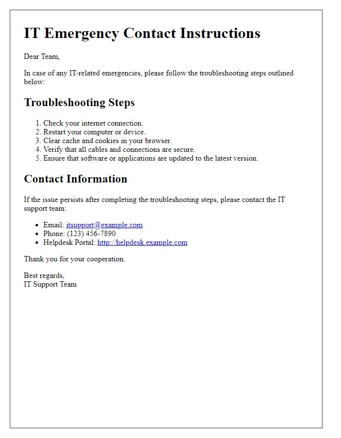 Letter template of IT emergency contact instructions for troubleshooting