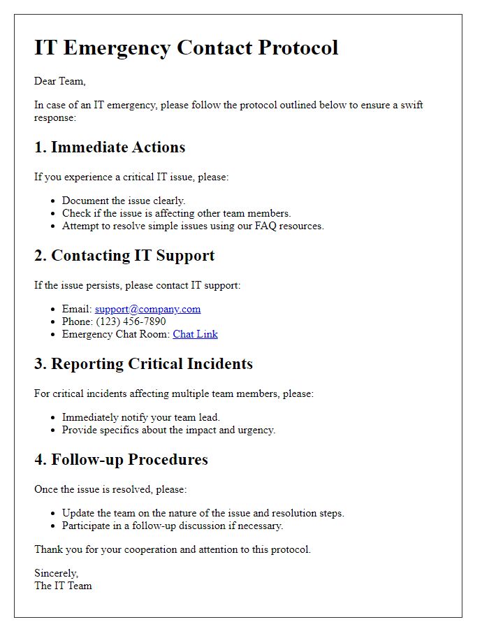 Letter template of IT emergency contact protocol for remote teams