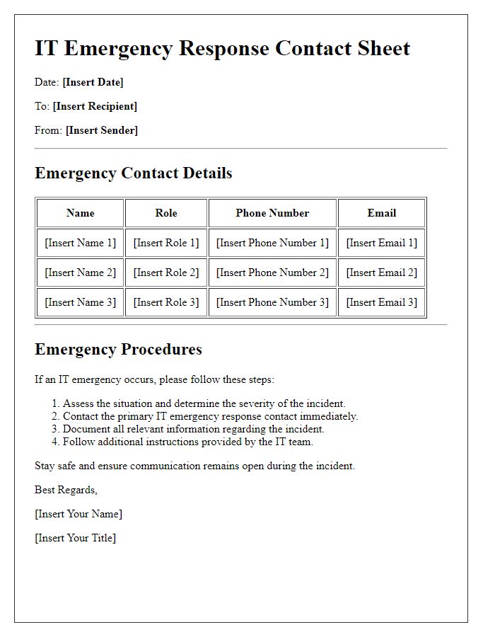 Letter template of IT emergency response contact sheet for crisis management