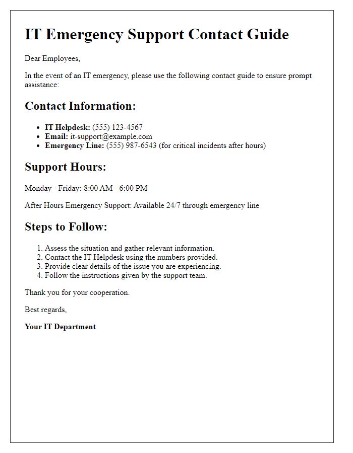 Letter template of IT emergency support contact guide for employees