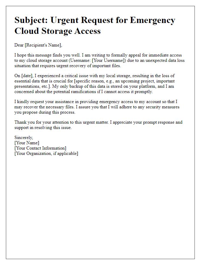 Letter template of appeal for emergency cloud storage access for data recovery.