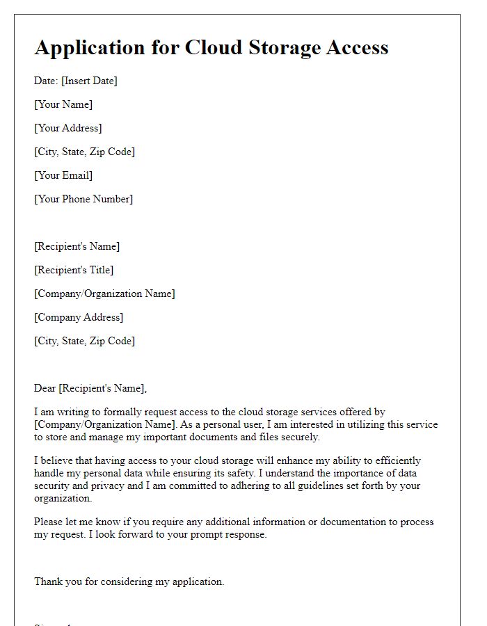 Letter template of application for cloud storage access for personal use.