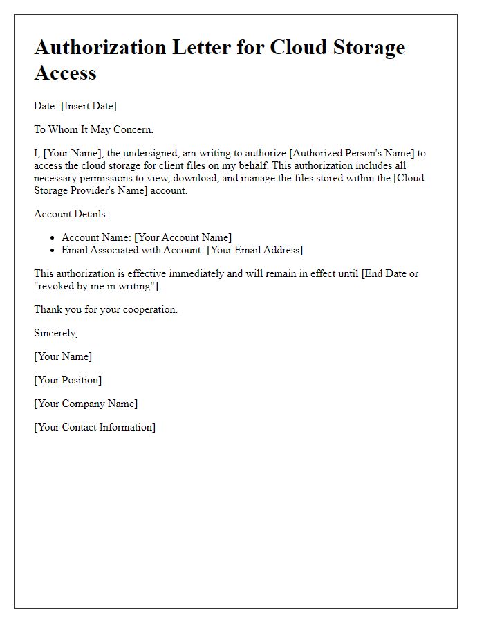 Letter template of authorization for cloud storage access for client files.