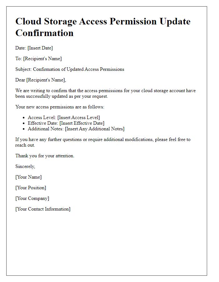 Letter template of confirmation for updating cloud storage access permissions.