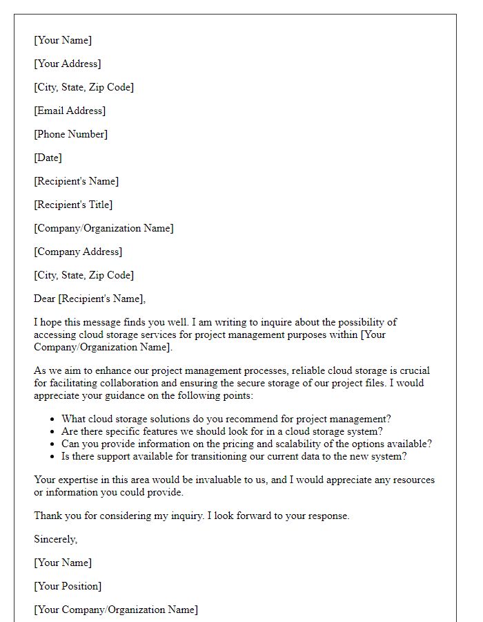 Letter template of inquiry regarding cloud storage access for project management.