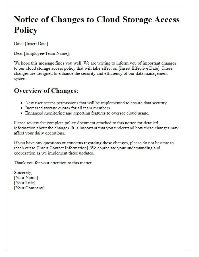 Letter template of notice regarding changes to cloud storage access policy.