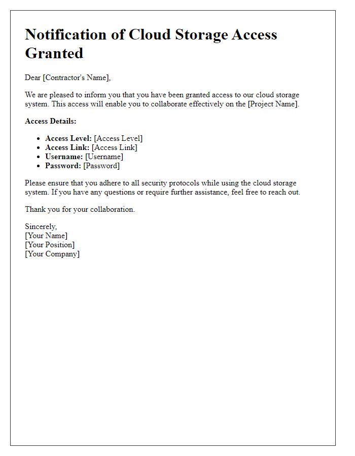 Letter template of notification for granting cloud storage access to contractors.