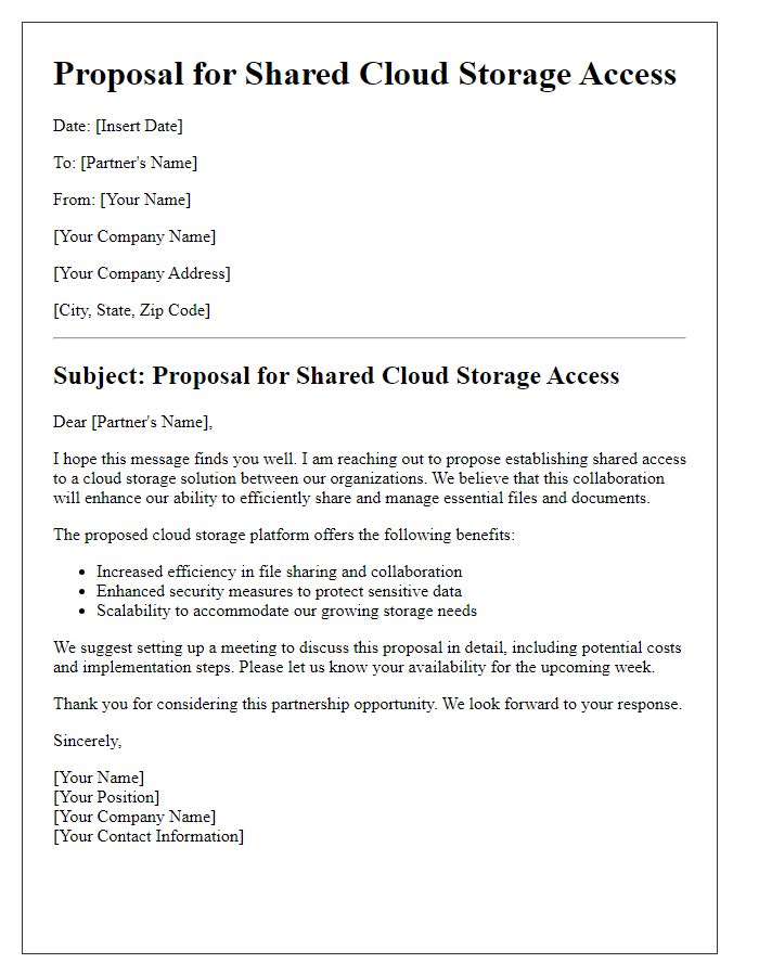 Letter template of proposal for shared cloud storage access with partners.