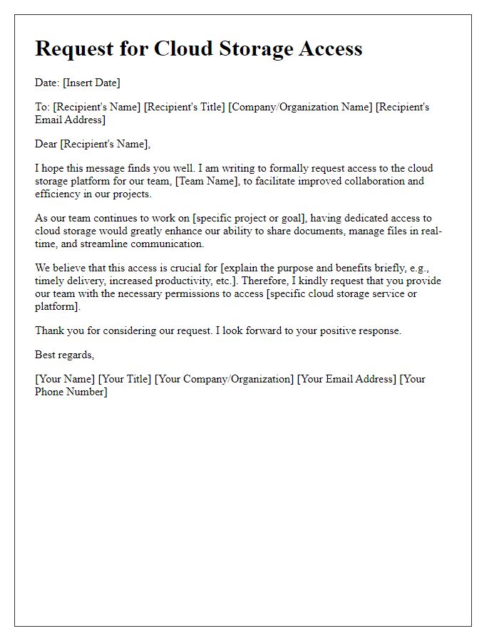 Letter template of request for cloud storage access for team collaboration.