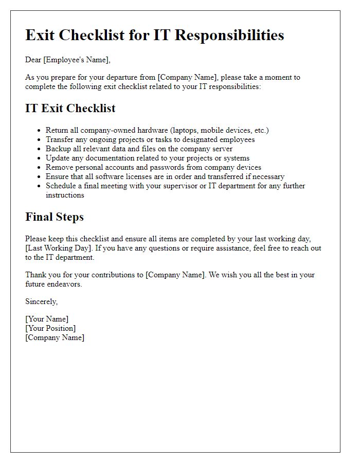 Letter template of exit checklist for IT responsibilities of resigning employees