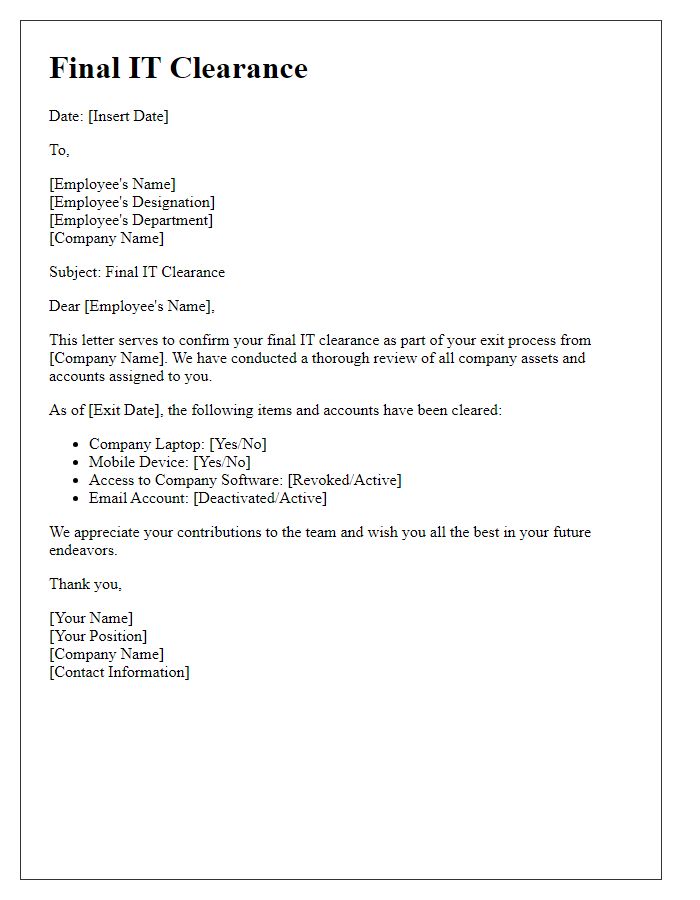 Letter template of final IT clearance for exiting staff