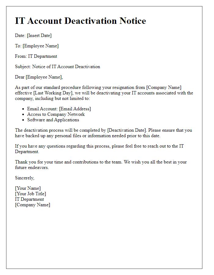 Letter template of IT account deactivation notice for resigned team members