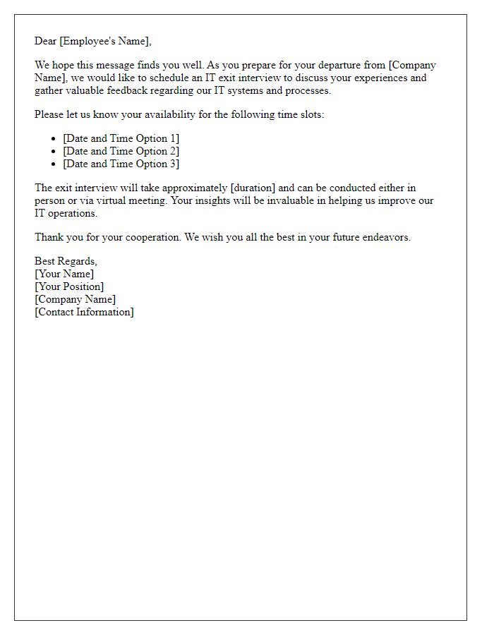 Letter template of IT exit interview scheduling for departing personnel