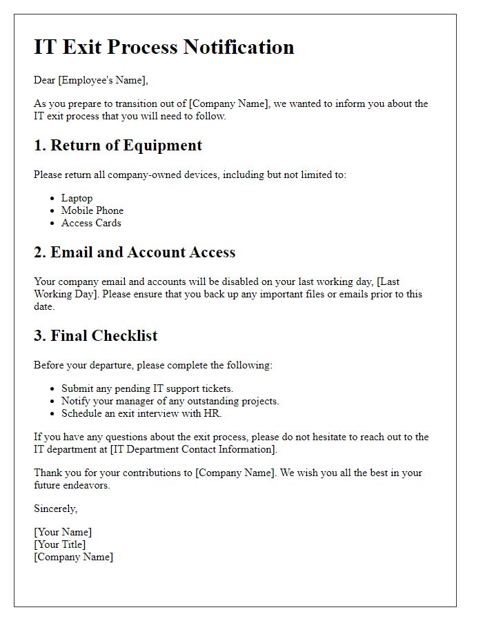 Letter template of IT exit process notification for departing employees