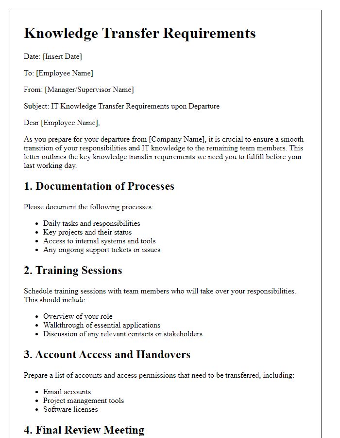 Letter template of IT knowledge transfer requirements for leaving staff