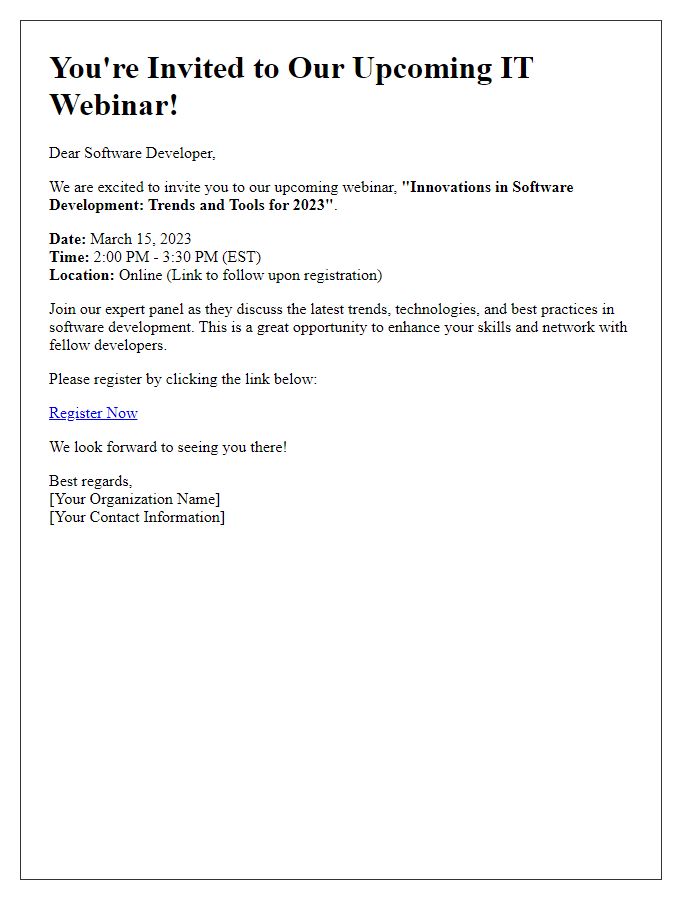 Letter template of IT Webinar Invitation for Software Developers