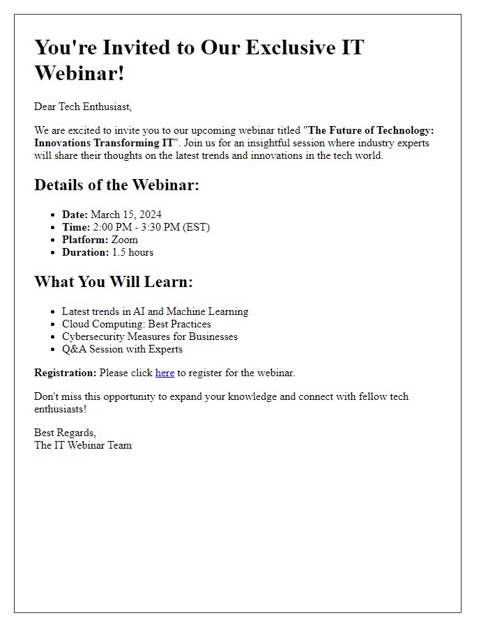 Letter template of IT Webinar Invitation for Tech Enthusiasts