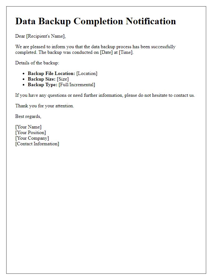 Letter template of data backup completion notification