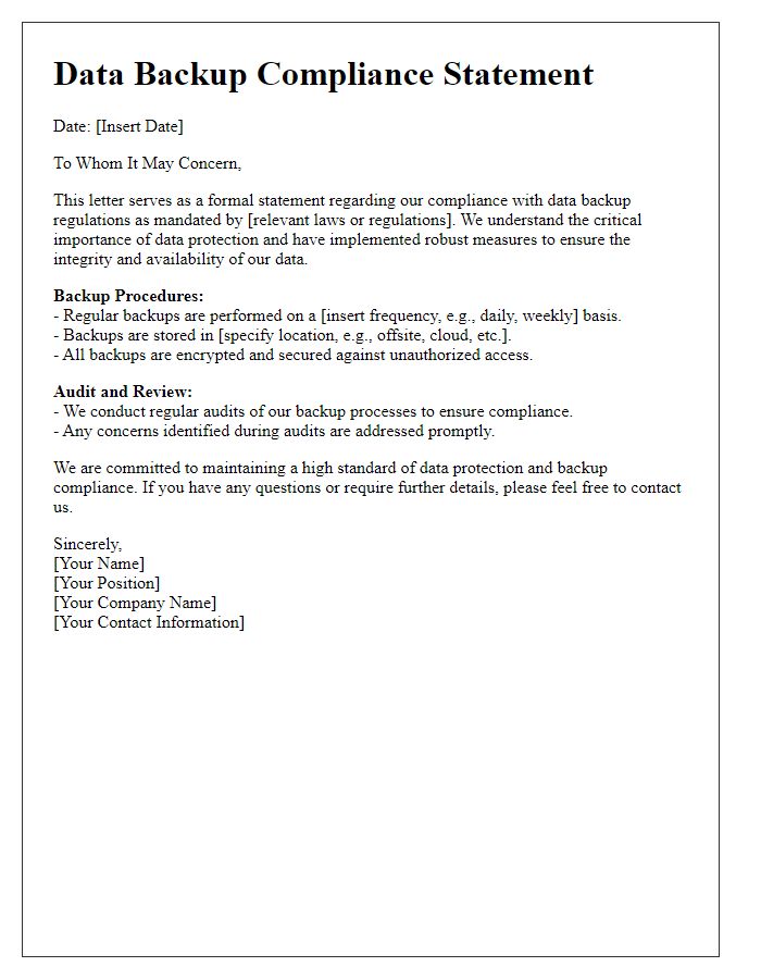 Letter template of data backup compliance statement