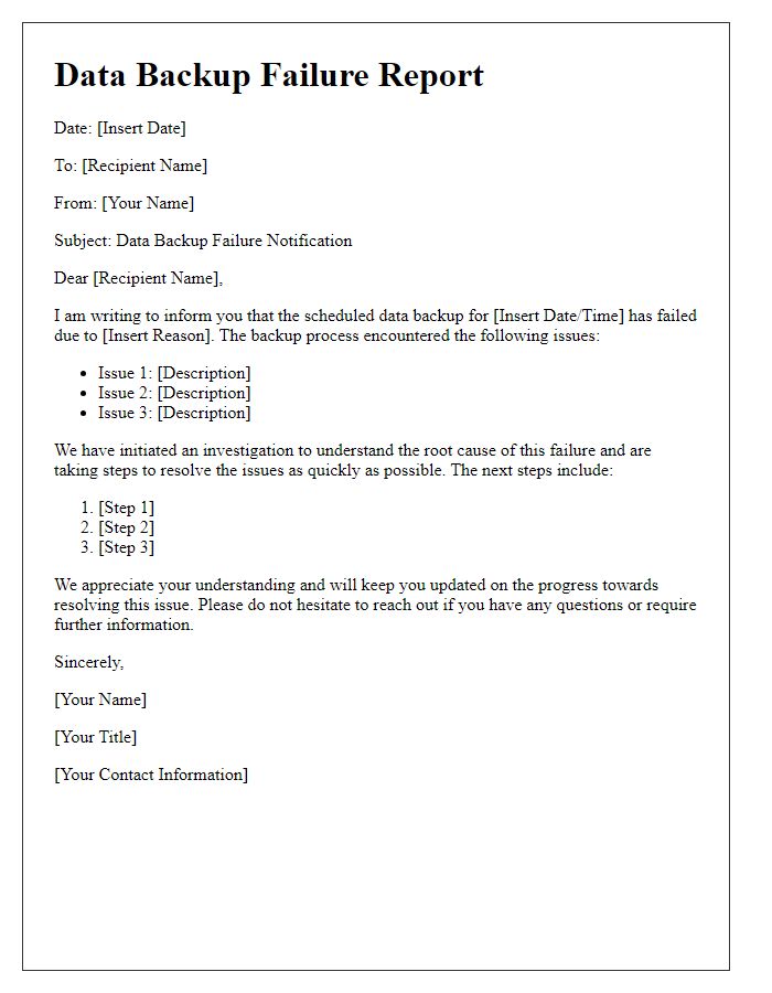 Letter template of data backup failure report