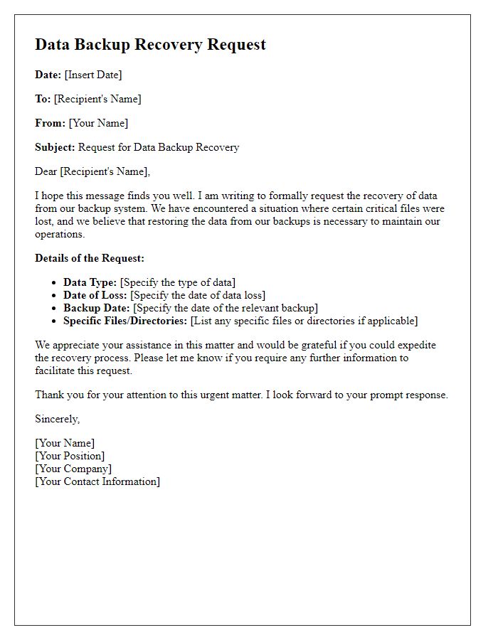 Letter template of data backup recovery request