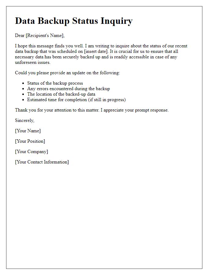 Letter template of data backup status inquiry