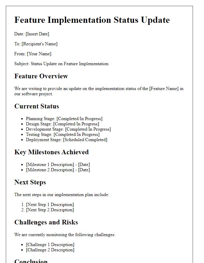 Letter template of software feature implementation status