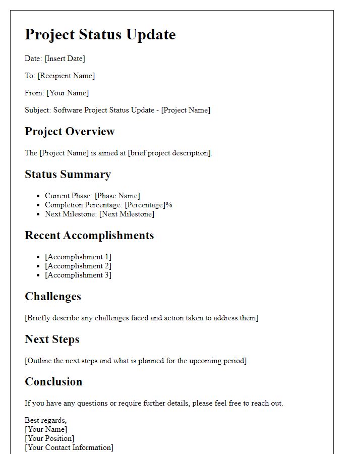 Letter template of software project status update