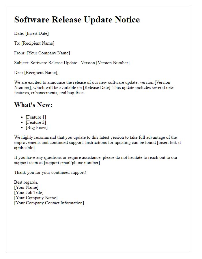 Letter template of software release update notice