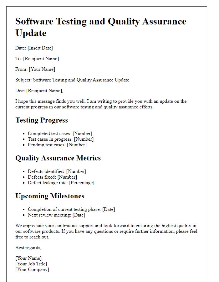 Letter template of software testing and quality assurance update