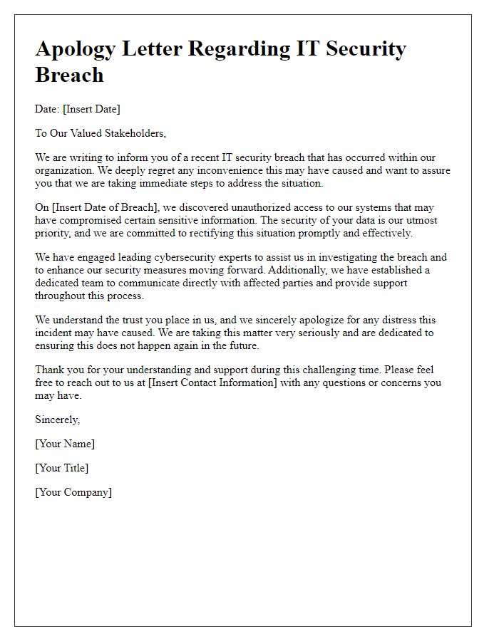 Letter template of IT security breach apology addressing stakeholders.