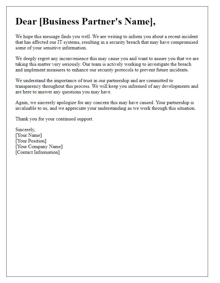 Letter template of IT security breach apology to business partners.