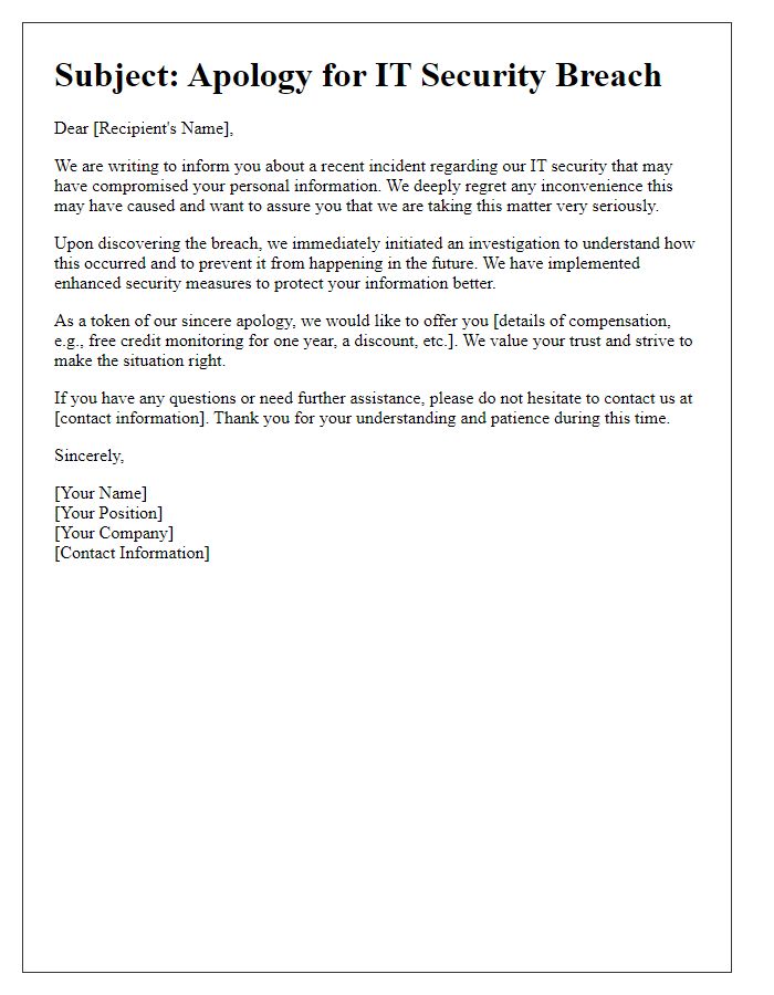 Letter template of IT security breach apology with compensation offer.