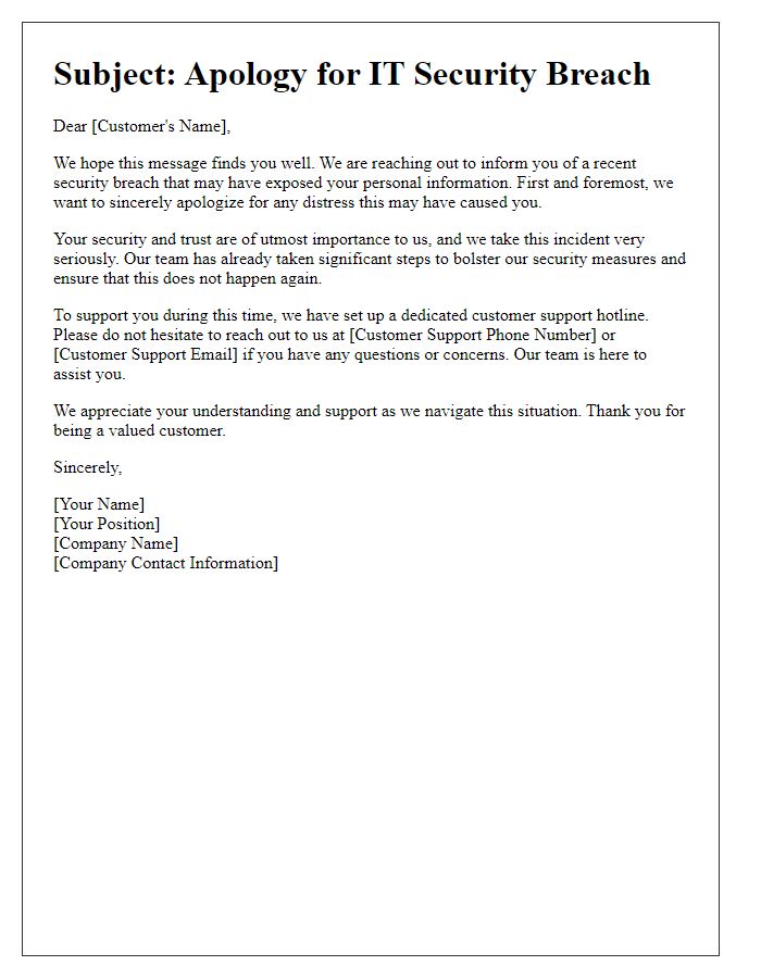 Letter template of IT security breach apology with a customer support focus.