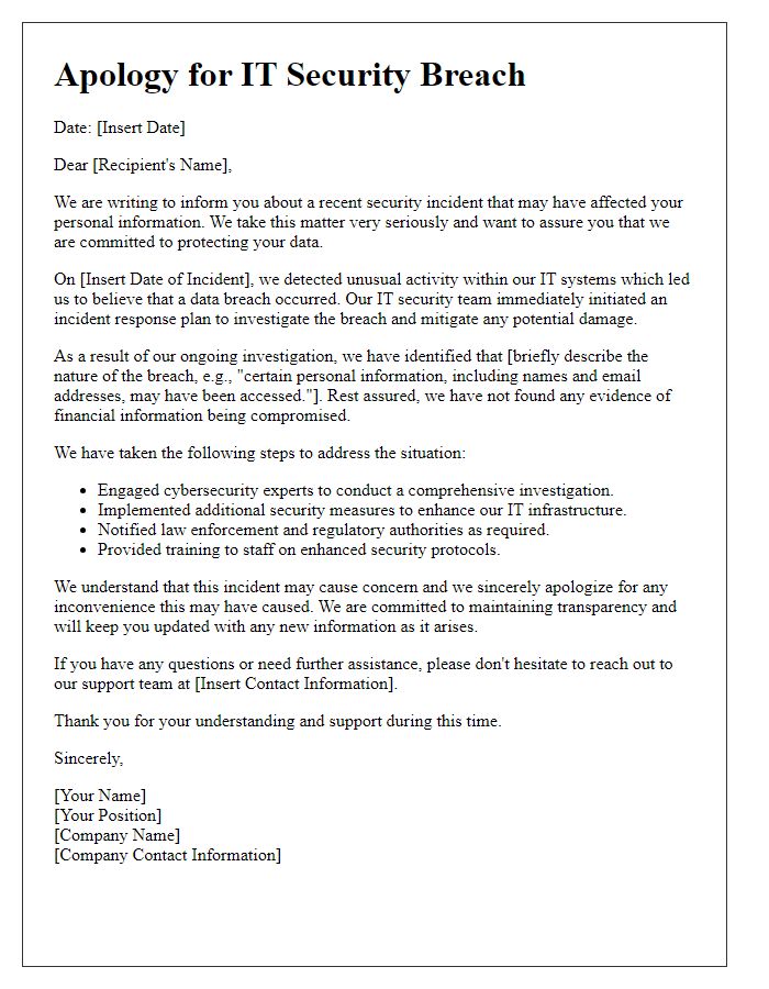 Letter template of IT security breach apology detailing incident response.