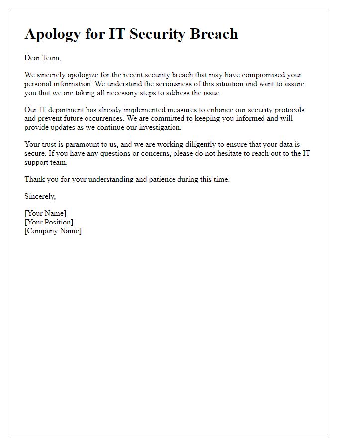 Letter template of IT security breach apology for internal employees.